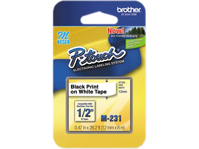 Brother Brother M231 12mm Black on White Non-Laminated Tape 26.2ft pos accessory — product photo