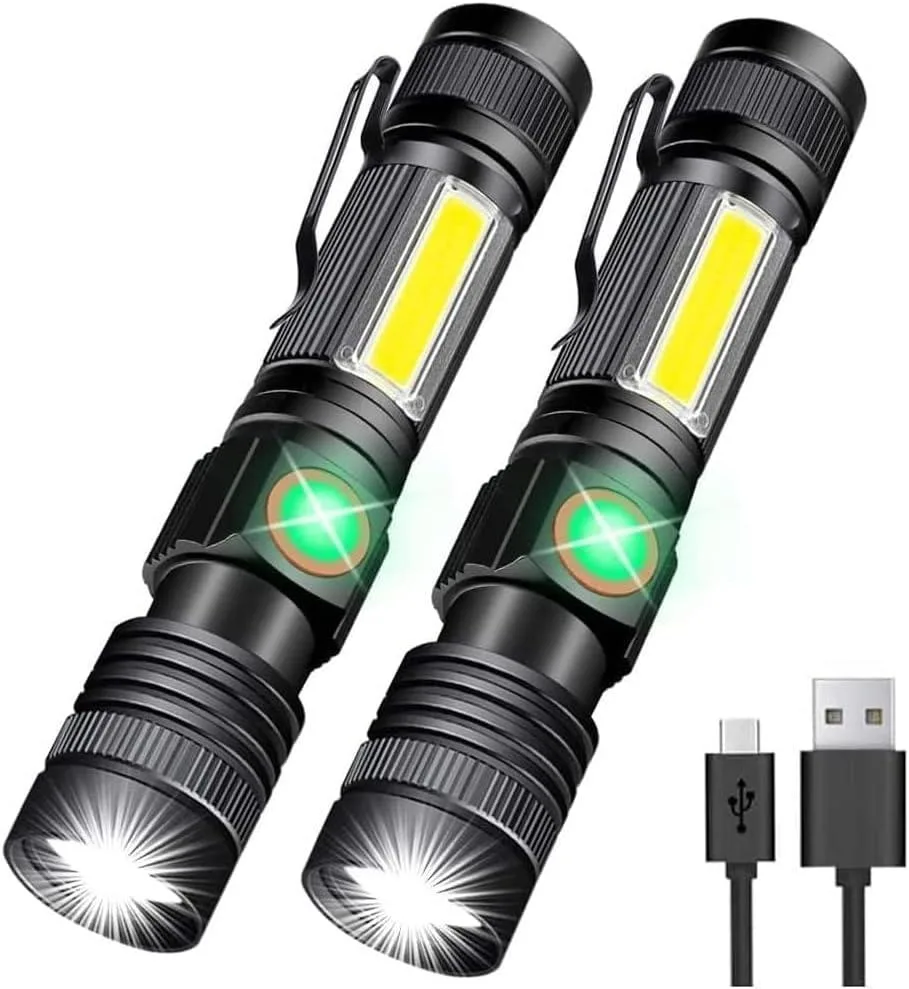 Compact cylindrical torch with magnetic base, USB-C port and COB side light panel