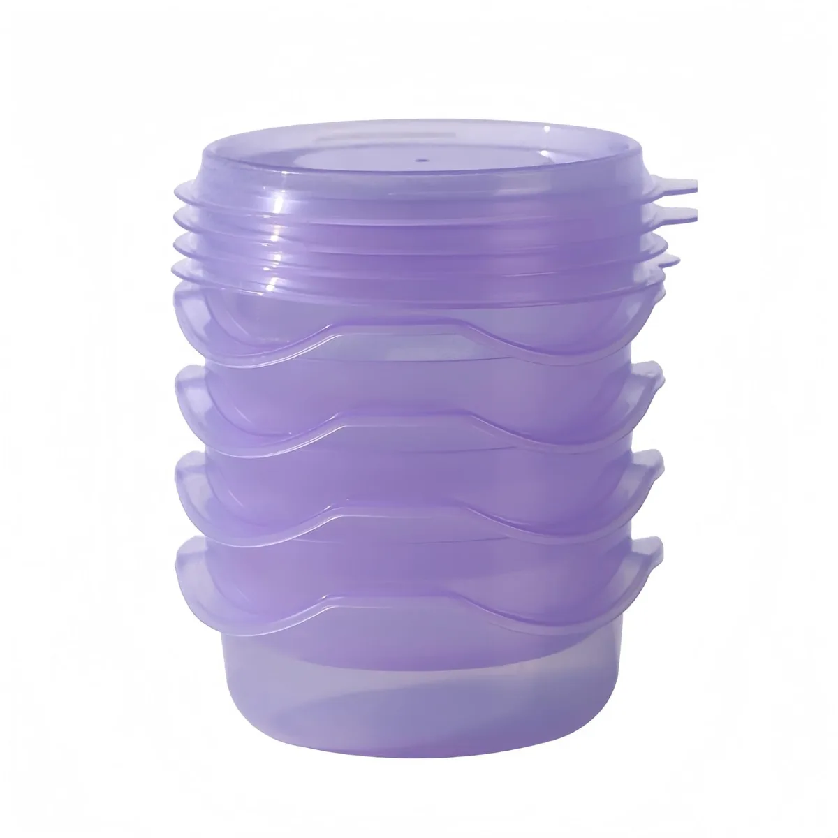 Four small purple plastic containers with lids