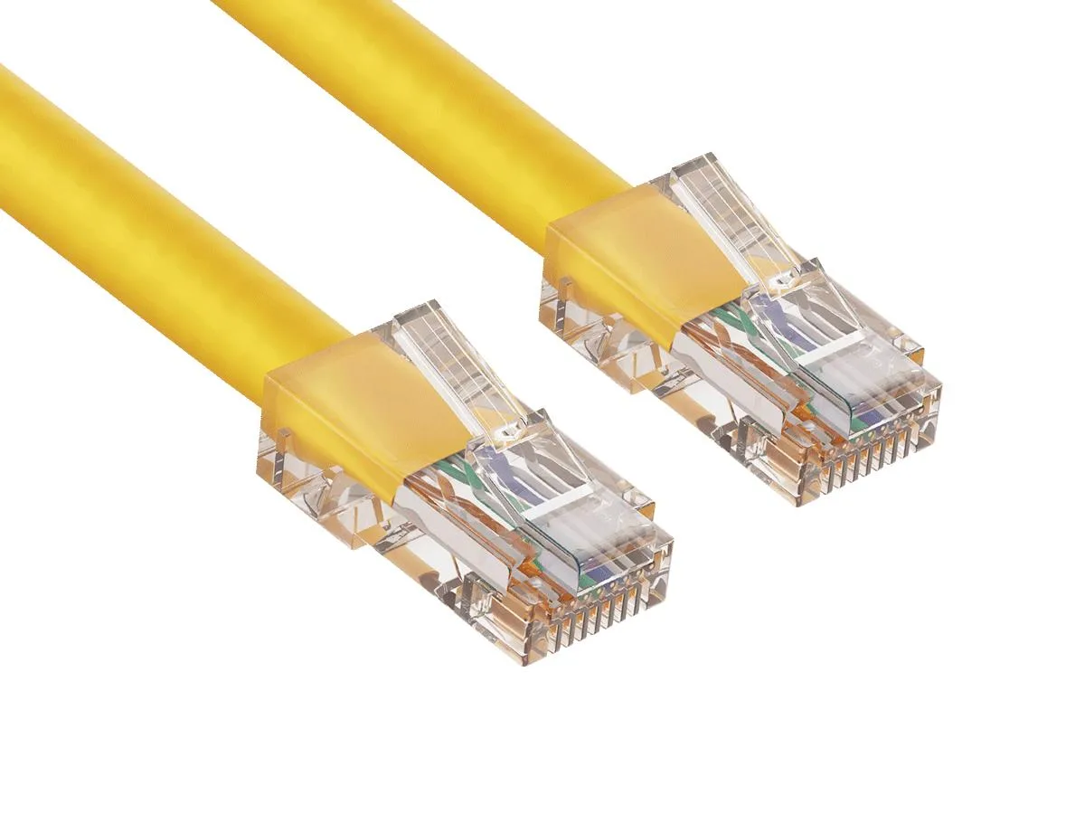 Yellow 15 ft Cat5e Ethernet cable with non-booted RJ45 plugs