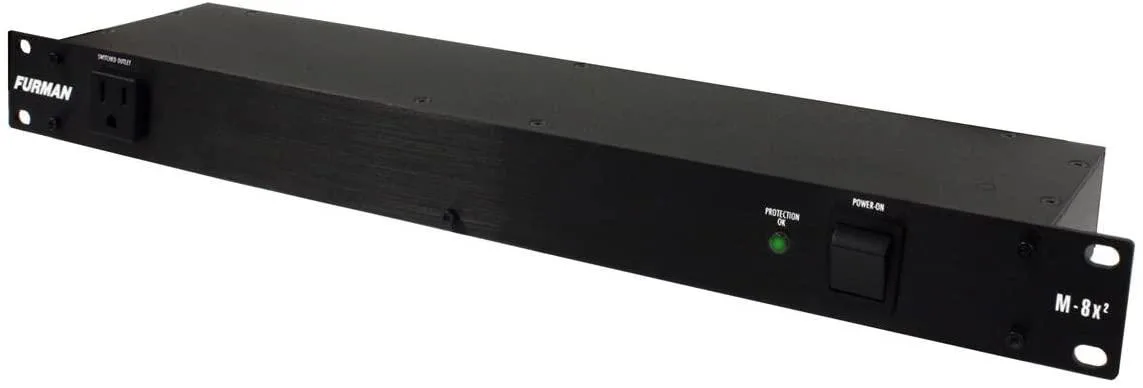 Black metal rackmount power conditioner with eight rear outlets and one front outlet, LED indicator visible