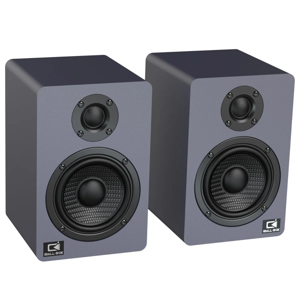 Slate Blue bookshelf speaker pair with wood cabinets and silk dome tweeters