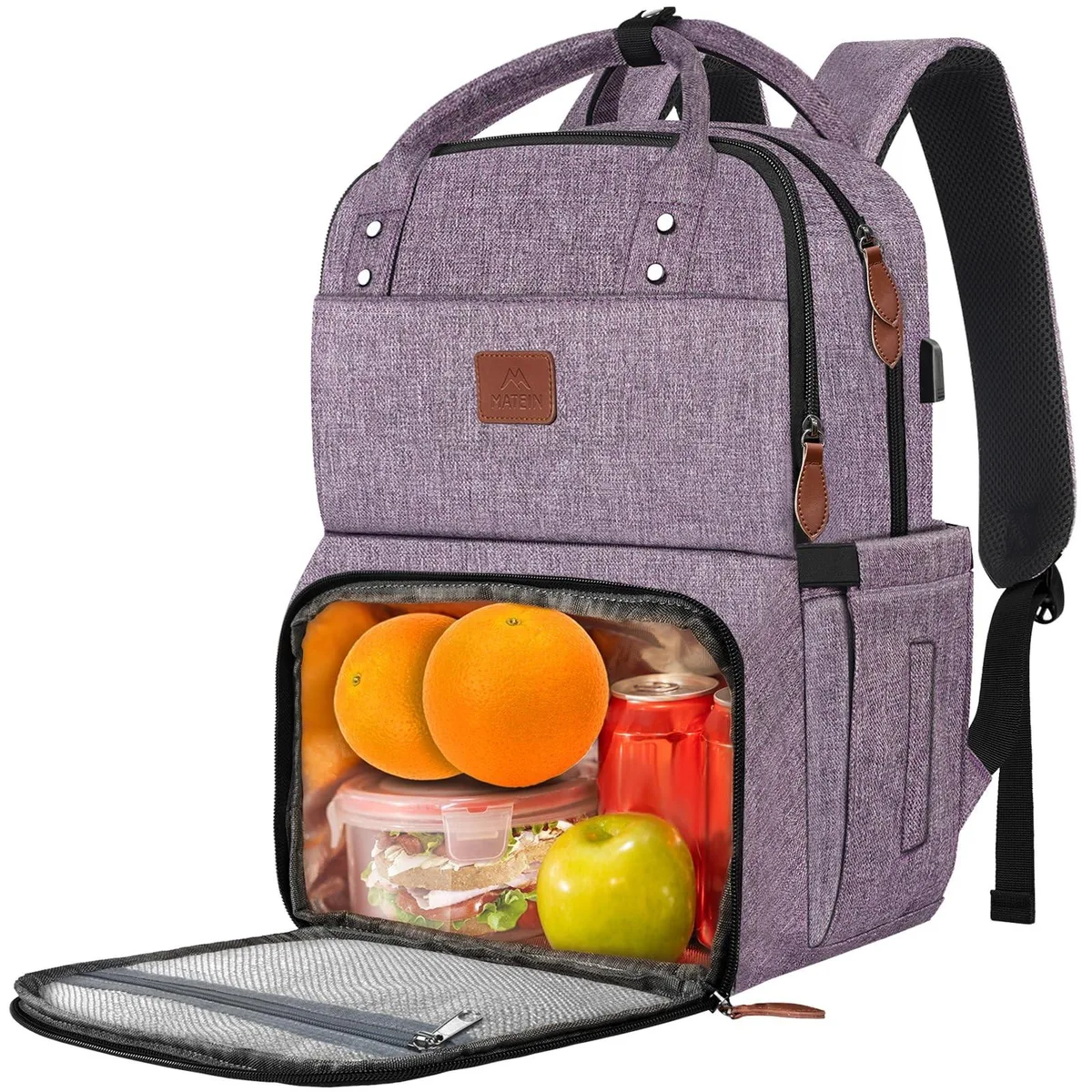 Purple 17 inch laptop backpack with insulated lunch compartment and USB port