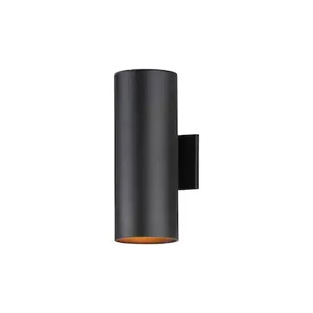 Black cylindrical outdoor wall sconce with two lights, 15 inches tall and 6 inches wide