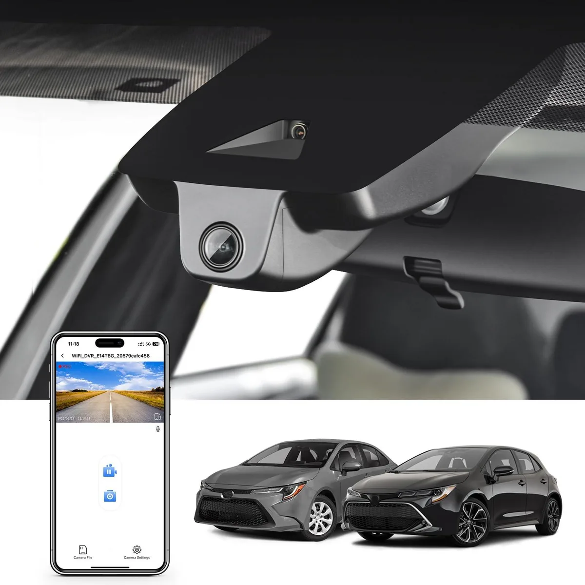 Compact black dash cam unit with integrated mount and 64GB card