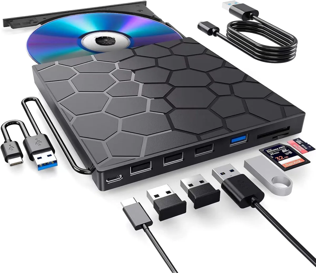 Ultra-slim silver external Blu-ray drive with multiple ports