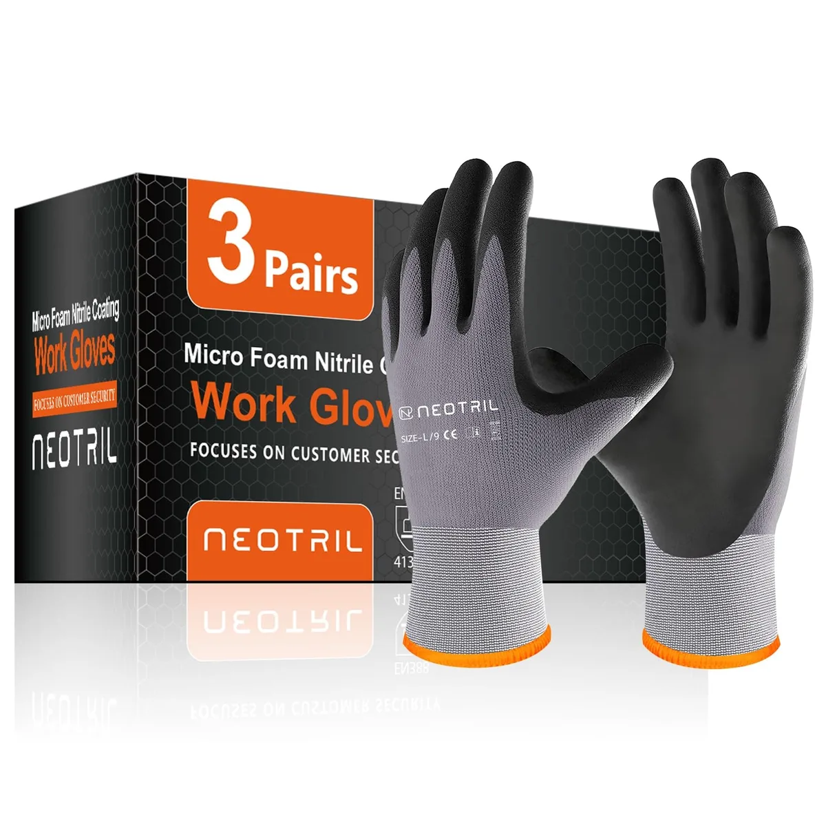  NEOTRIL MicroFoam Nitrile Coated Gloves Grey Large 3 Pairs — product photo