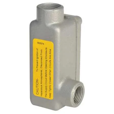 Gray iron LL conduit outlet body, 90-degree threaded hub, flat back, triple-coat epoxy finish