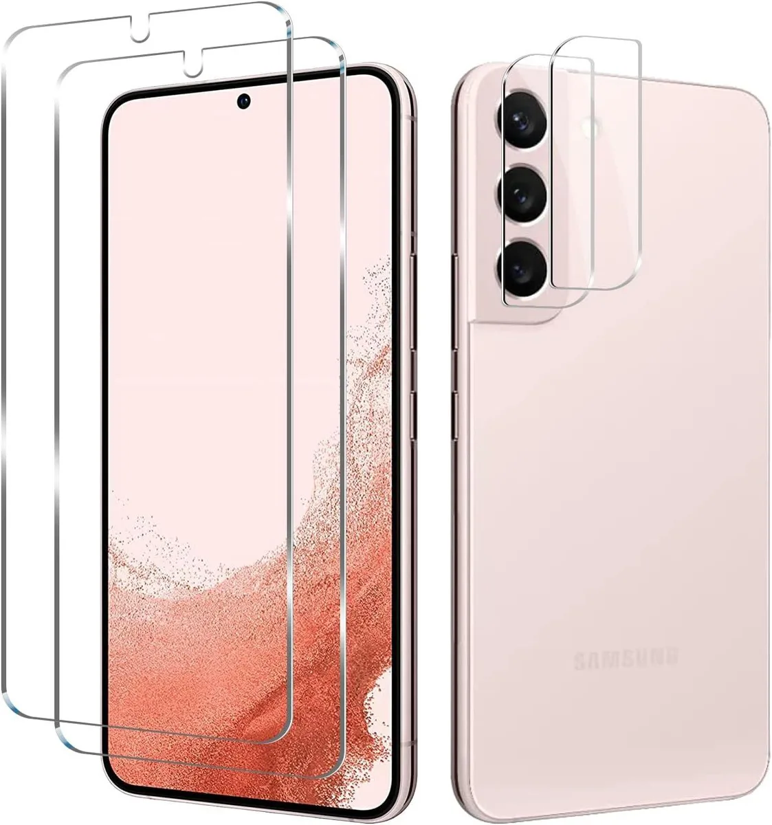 Two clear tempered glass screen protectors and two matching camera lens protectors for Galaxy S22