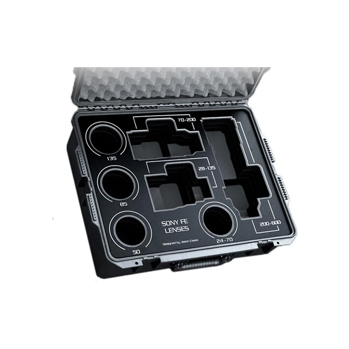 Black hard-shell camera case with laser-cut foam interior for seven Sony FE lenses
