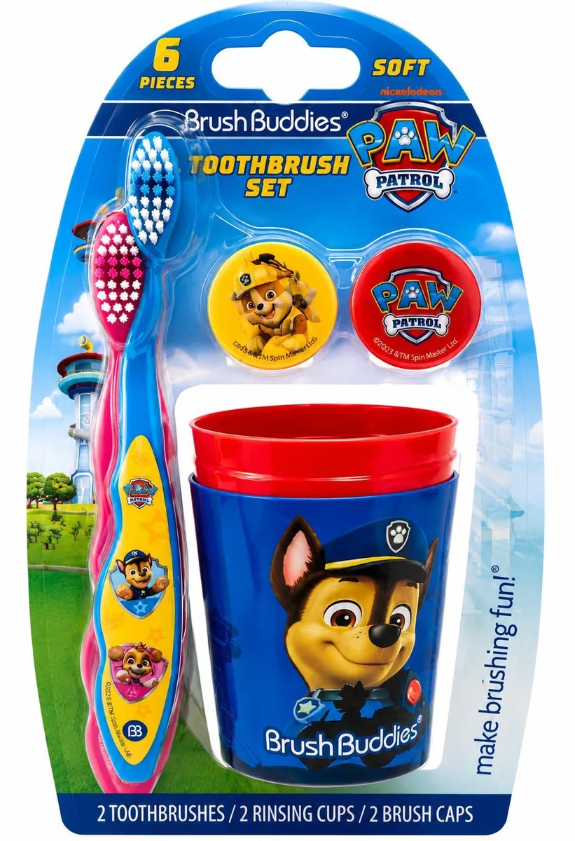 A boxed set with two character toothbrushes, two cups, two holographic covers