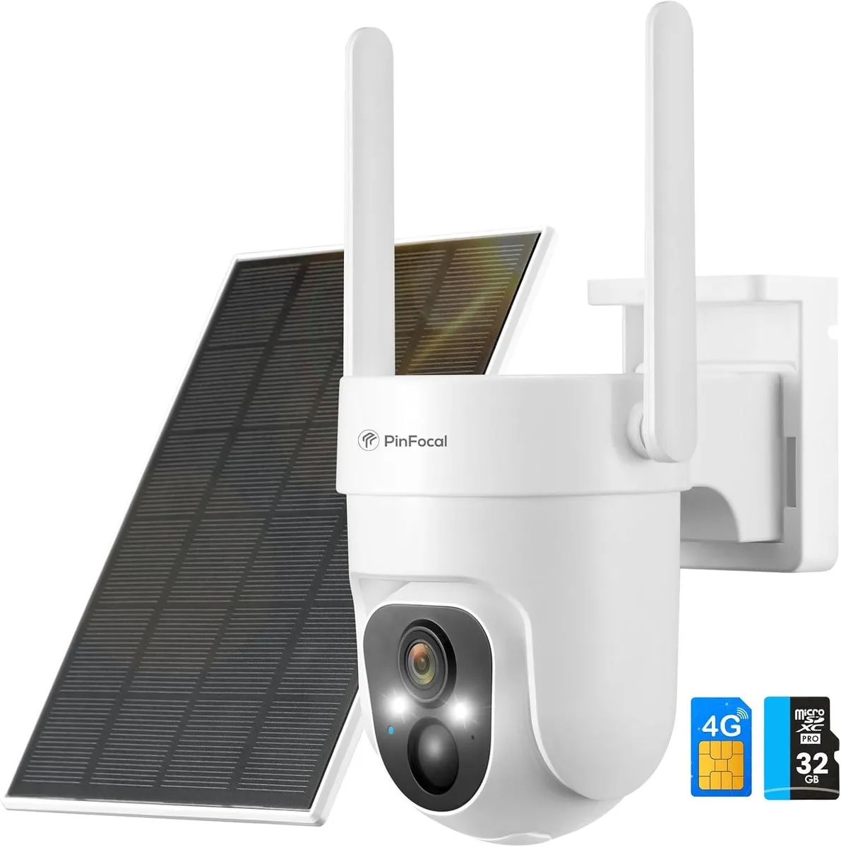 White outdoor security camera with solar panel on top, 360 pan tilt design, cellular antenna visible