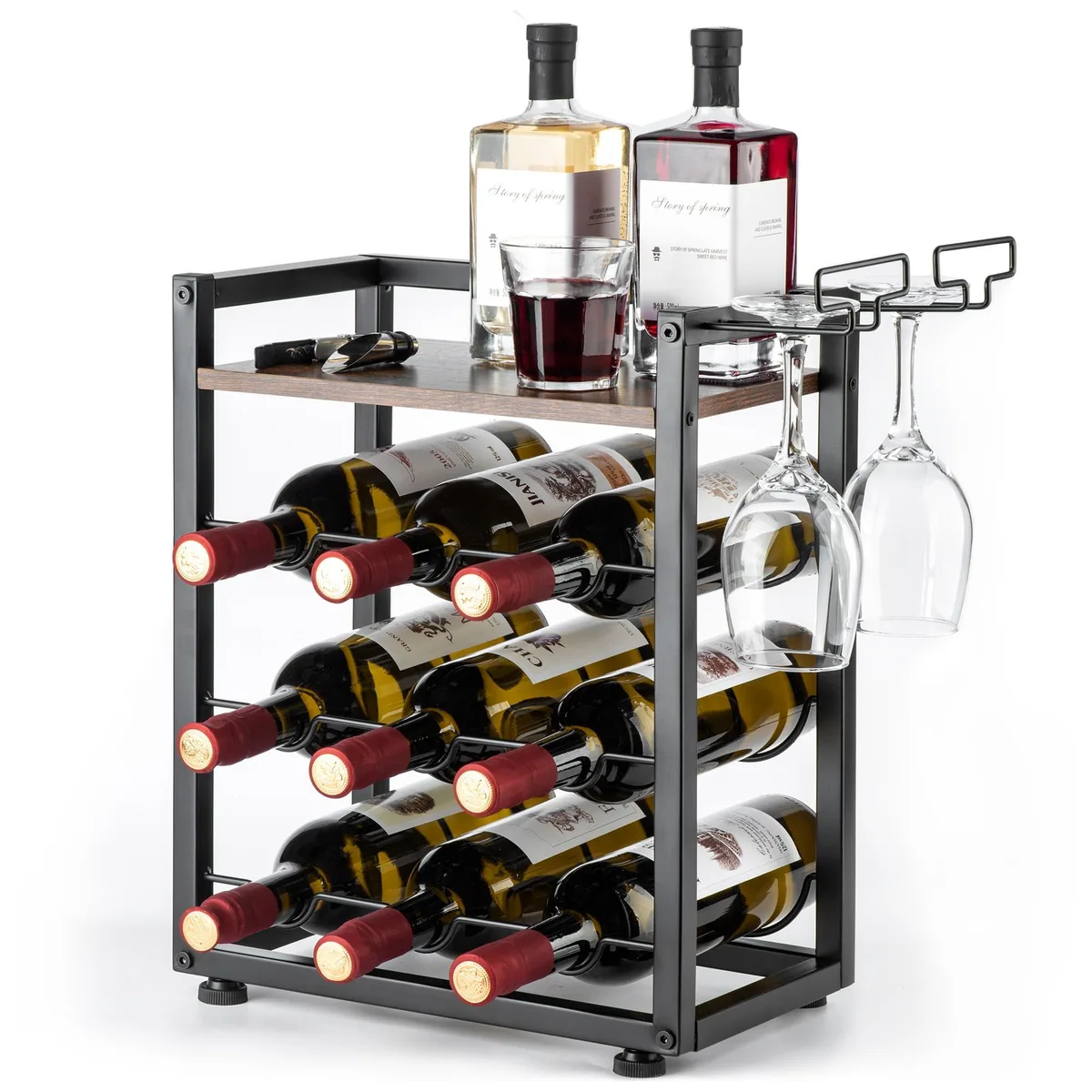 Black powder-coated steel wine rack with wooden tray and hanging glass holder, holds nine bottles, 16.73 inches wide