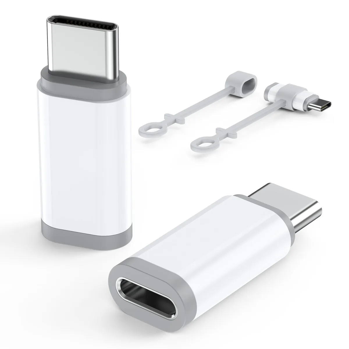 Two small white adapters with Lightning female and USB-C male connectors