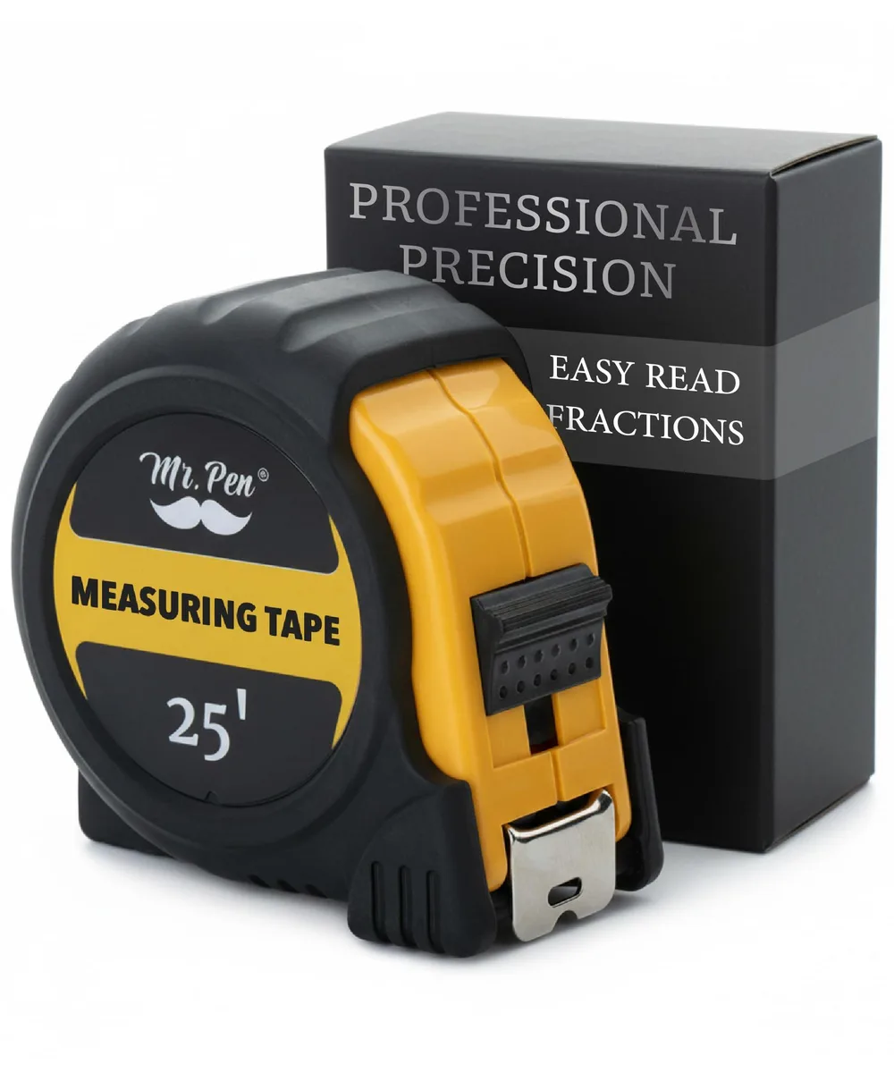 Yellow retractable tape measure 25 ft rubberised case belt clip thumb lock