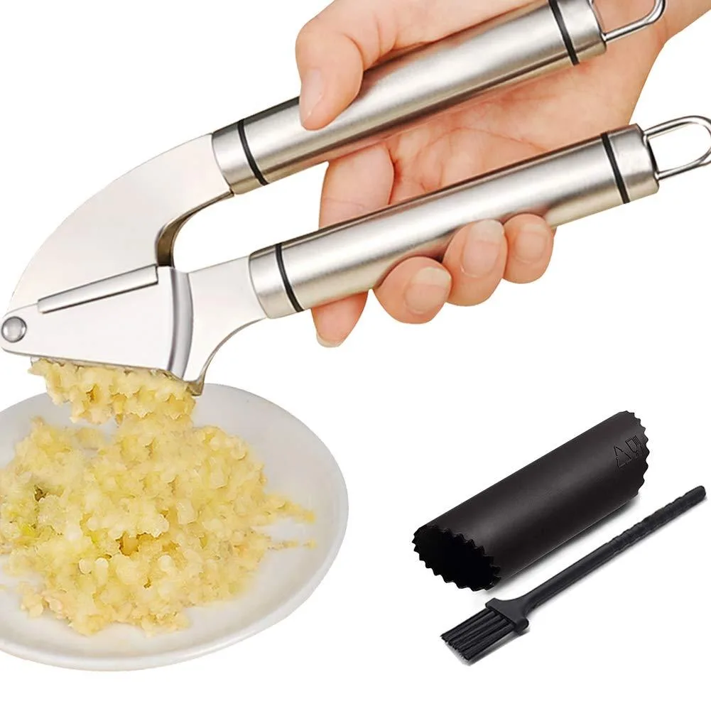 Stainless steel garlic press set 7.8 inches silver finish with peeler and brush