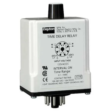 Small rectangular relay with octal base, eight pins, grey enclosure, potentiometer on top