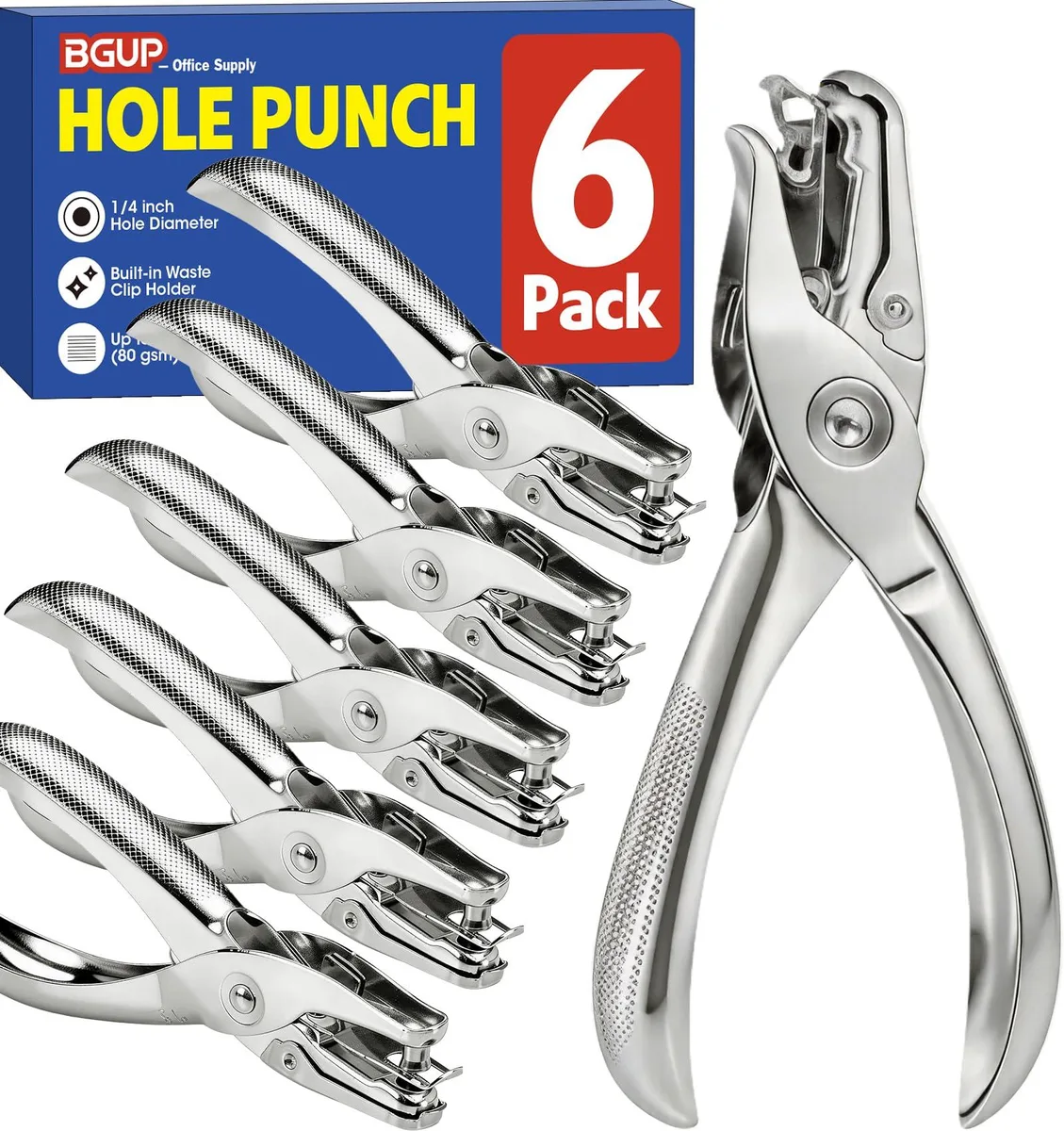 Six handheld silver metal hole punches with curved black grips and clear waste catchers