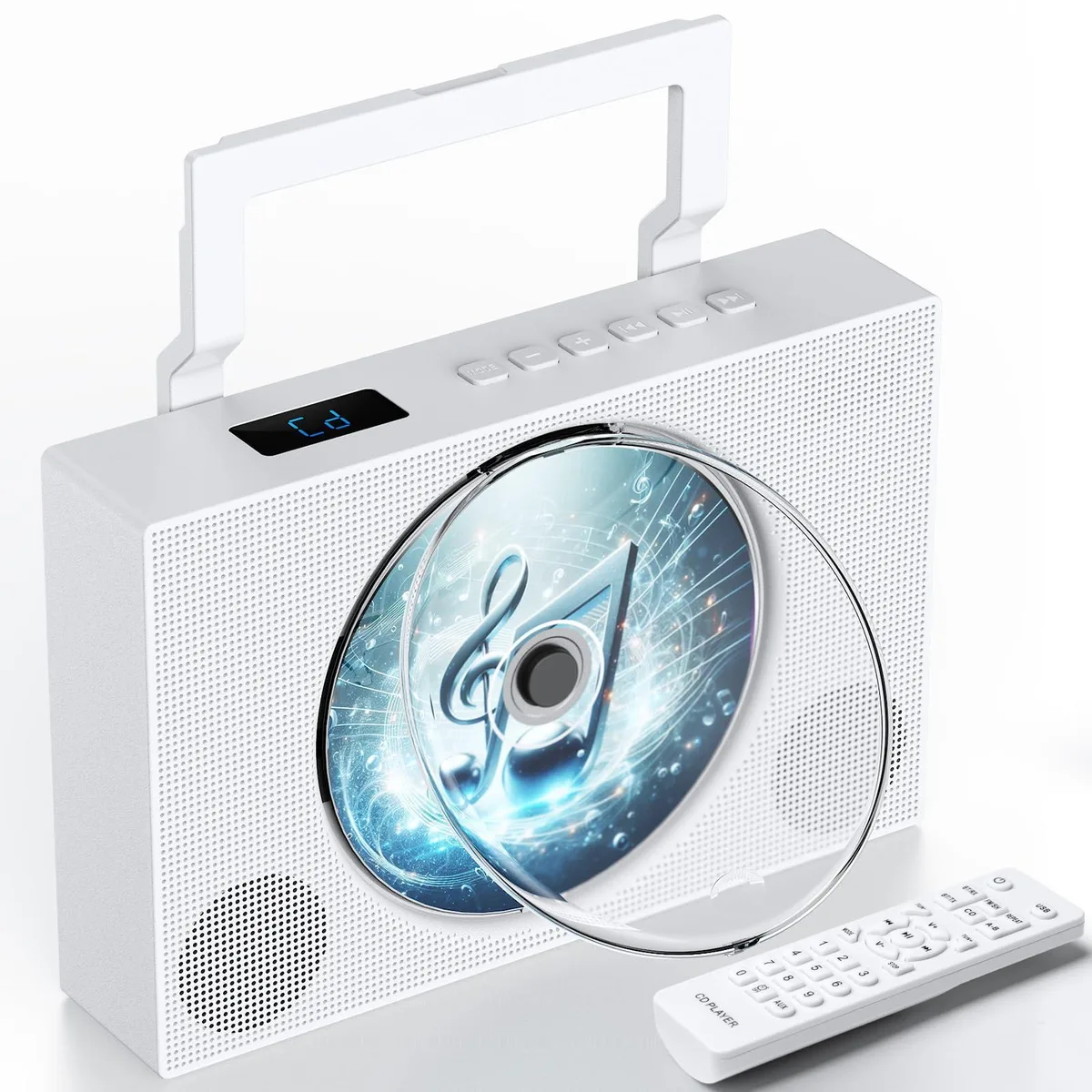 Black rectangular desktop CD player with top display and side controls