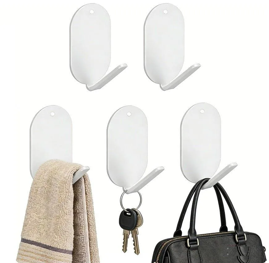 Five white carbon steel self-adhesive hooks with stickers