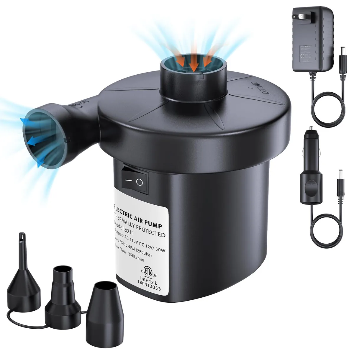  PULIDIKI Electric Air Pump 50W AC/DC 3 Nozzles Ball Pump — product photo