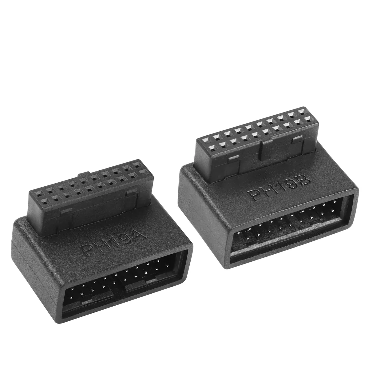 Pair of USB 3.0 19/20-pin 90-degree L-shaped adapters, one up-angled one down-angled, black ABS shells with copper contacts