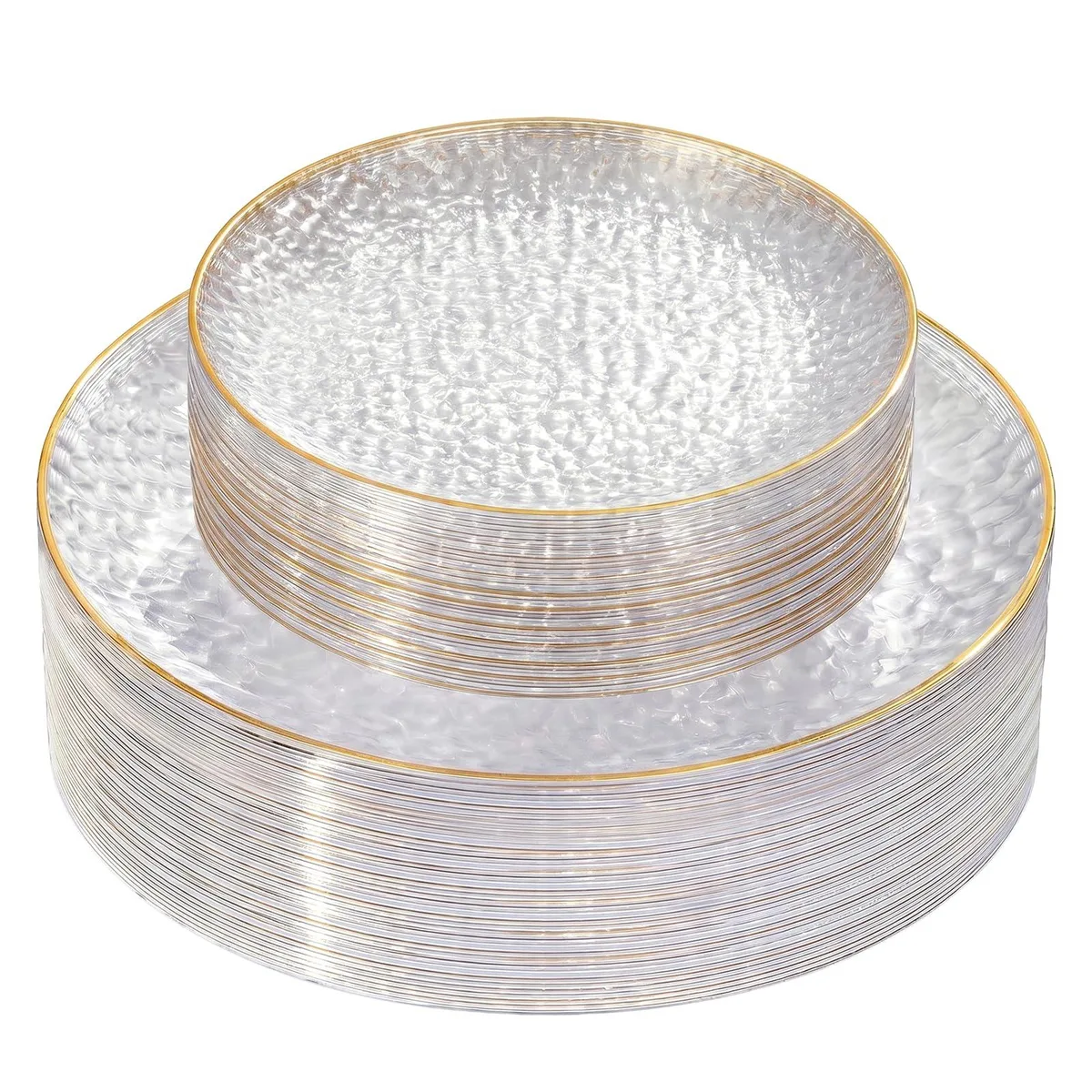 White rectangular plastic plates with hammered texture and gold rim, 60 piece set
