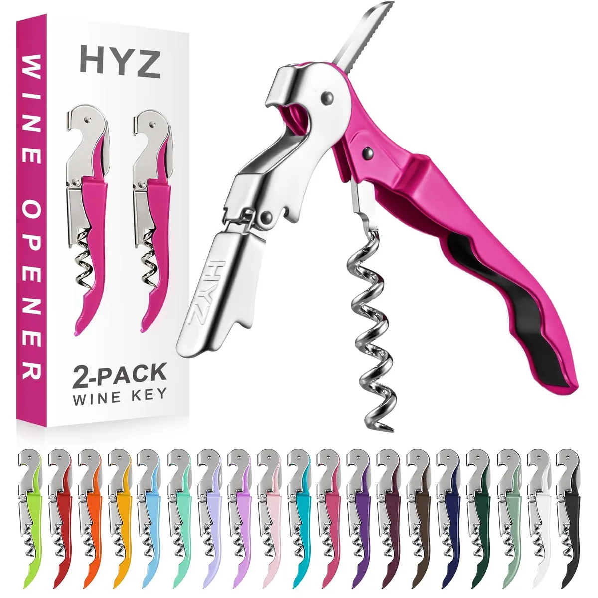 Two fuchsia waiter corkscrews with zinc alloy handles and foil cutters