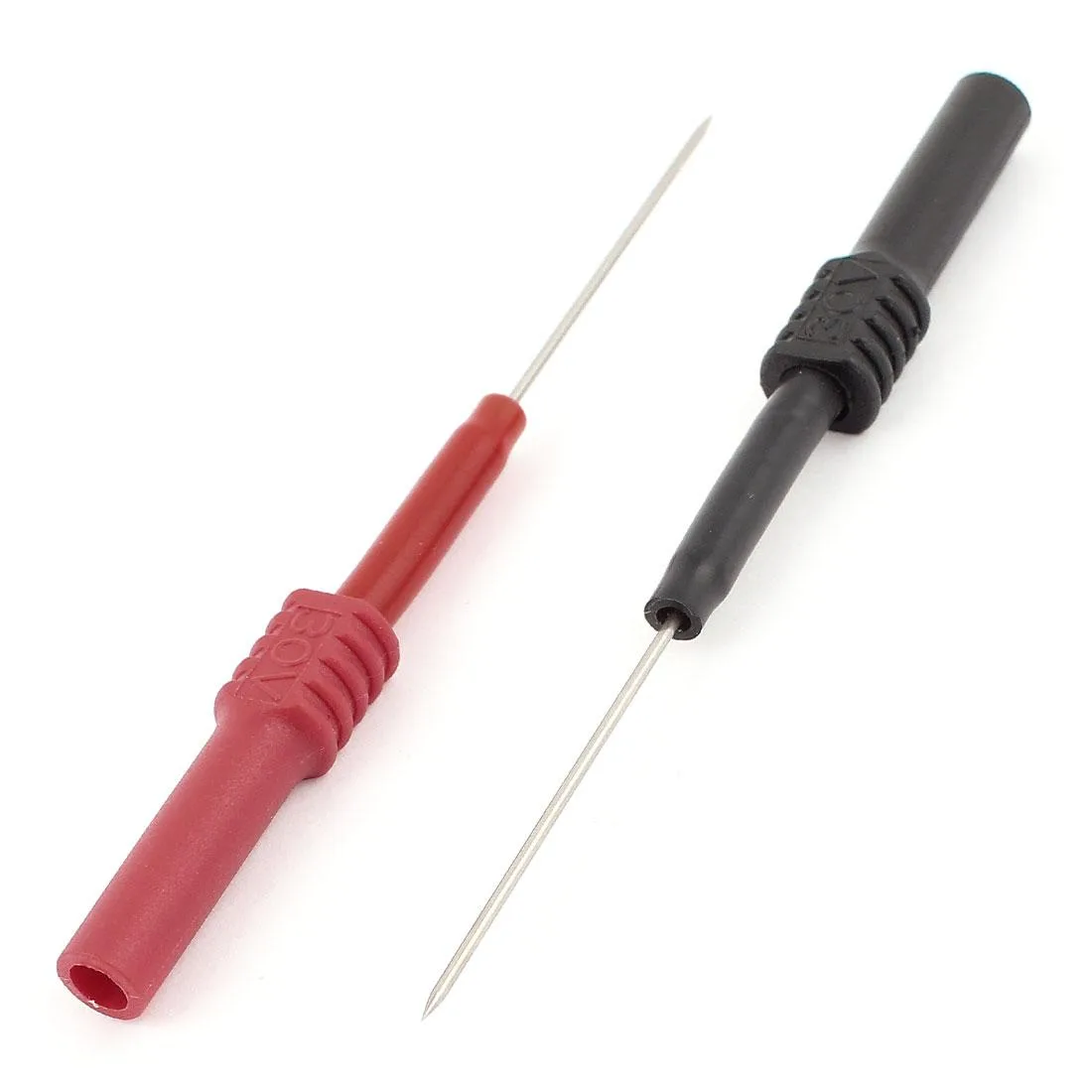 Pair of red and black needle-tip test probes with 4mm banana sockets rated 600V
