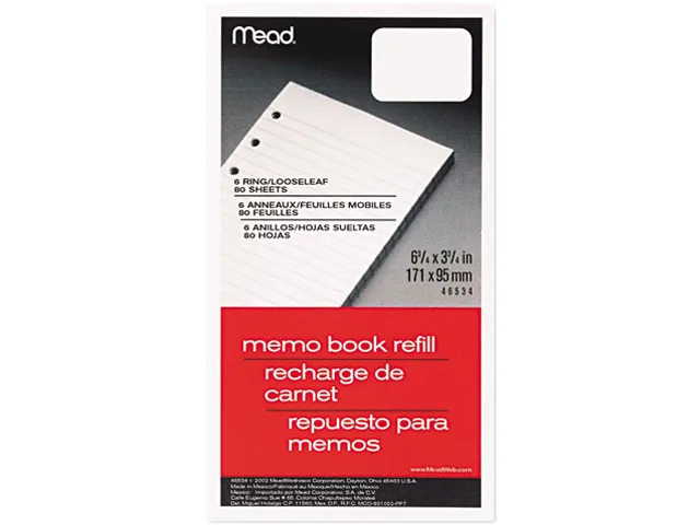 White college-ruled memo refill pad, six-hole punched, 80 sheets