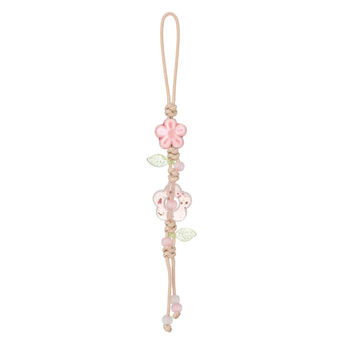 Silver ceramic flower and star charm with green leaf and beads, 4.7 inch drop on metal clasp