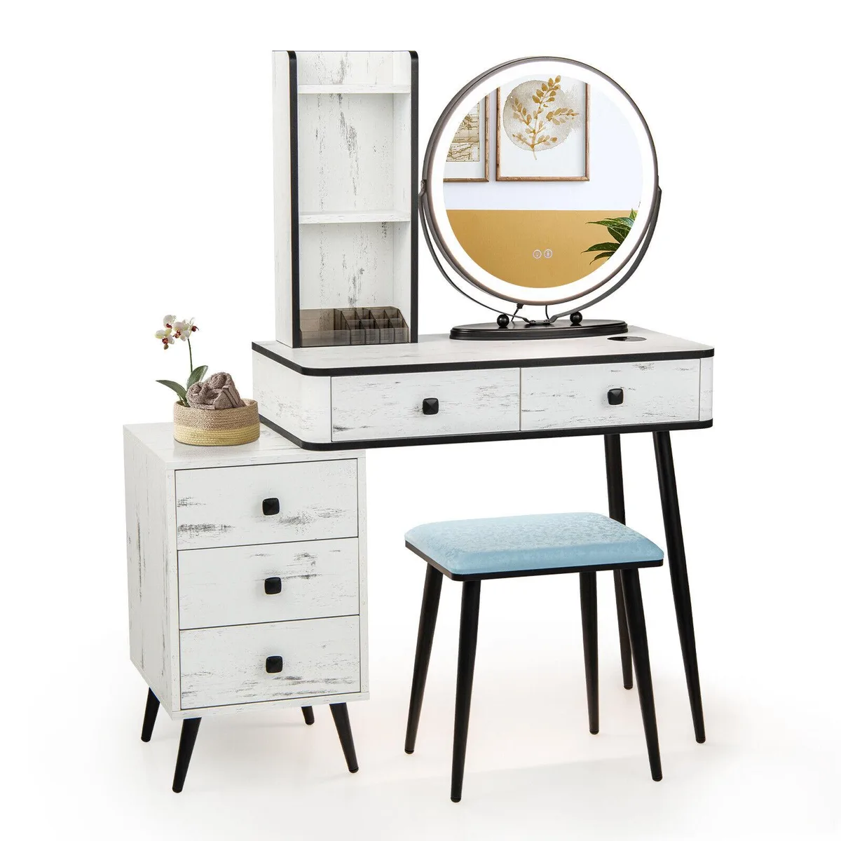White vanity table set with lighted mirror, cushioned stool and three-drawer chest