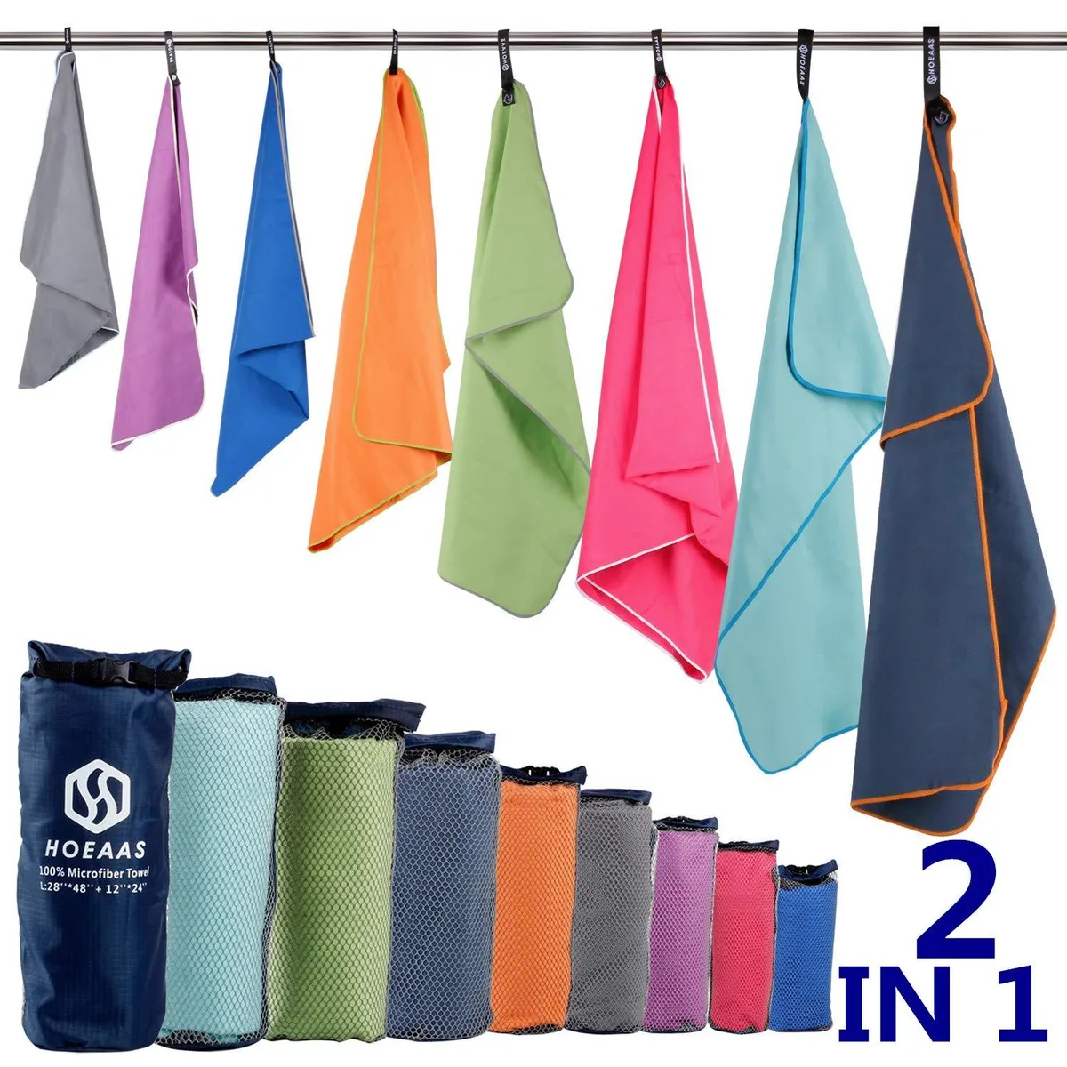 Two folded dark-blue microfiber towels with a mesh carry bag