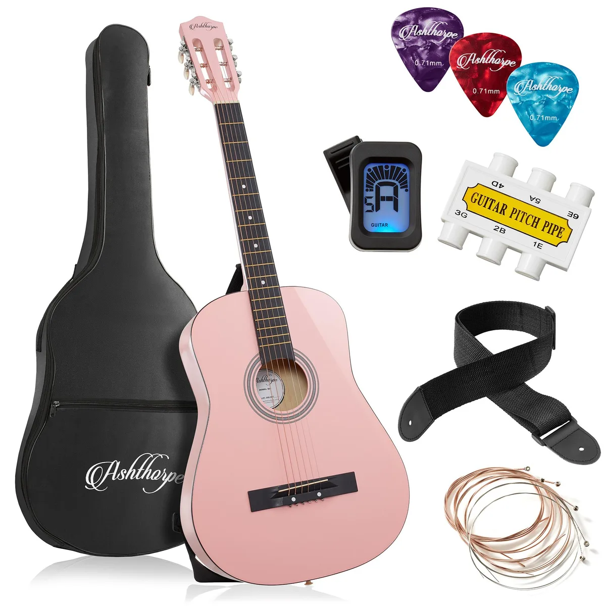 Ashthorpe Ashthorpe 38-inch Beginner Acoustic Guitar (Pink) Starter Kit — product photo