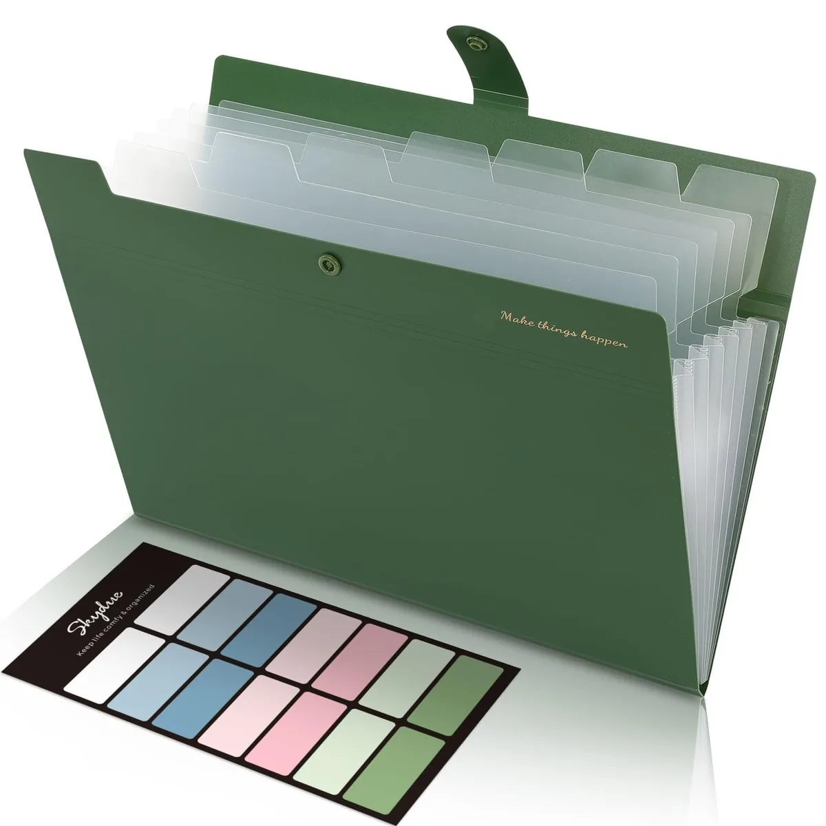 Olive-green polypropylene accordion folder with eight pockets and snap closure