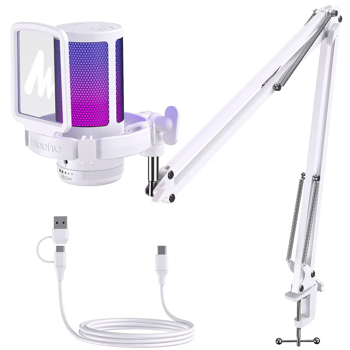 White USB gaming microphone on a boom arm with RGB lighting
