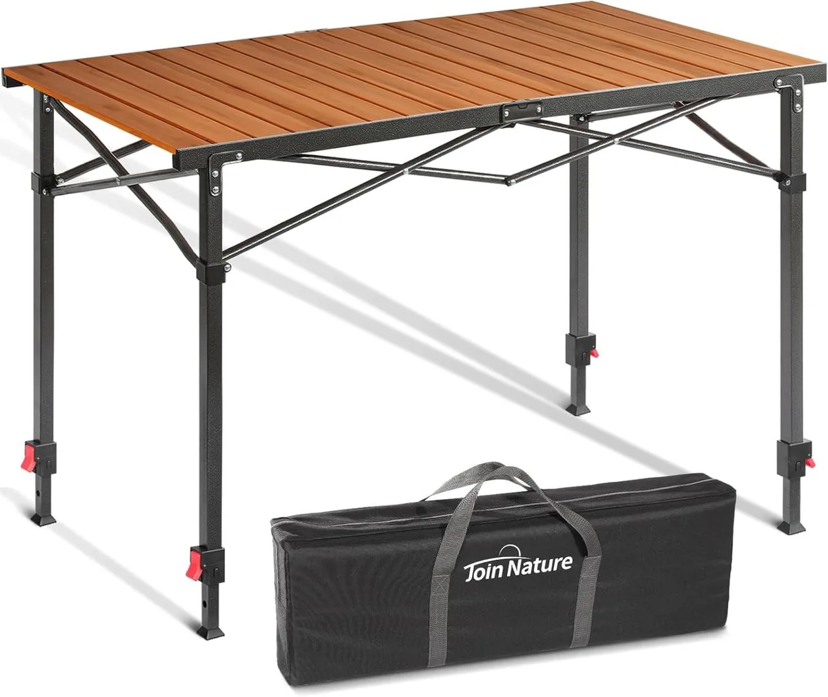 Rectangular folding table with silver aluminium top and black steel legs, folded flat inside carry bag
