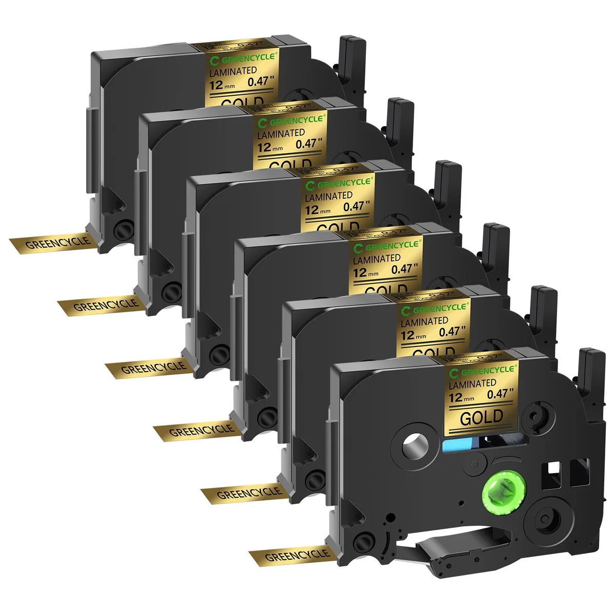 GREENCYCLE GREENCYCLE TZe-831 12mm Black on Gold Laminated Tape 6 Pack — product photo