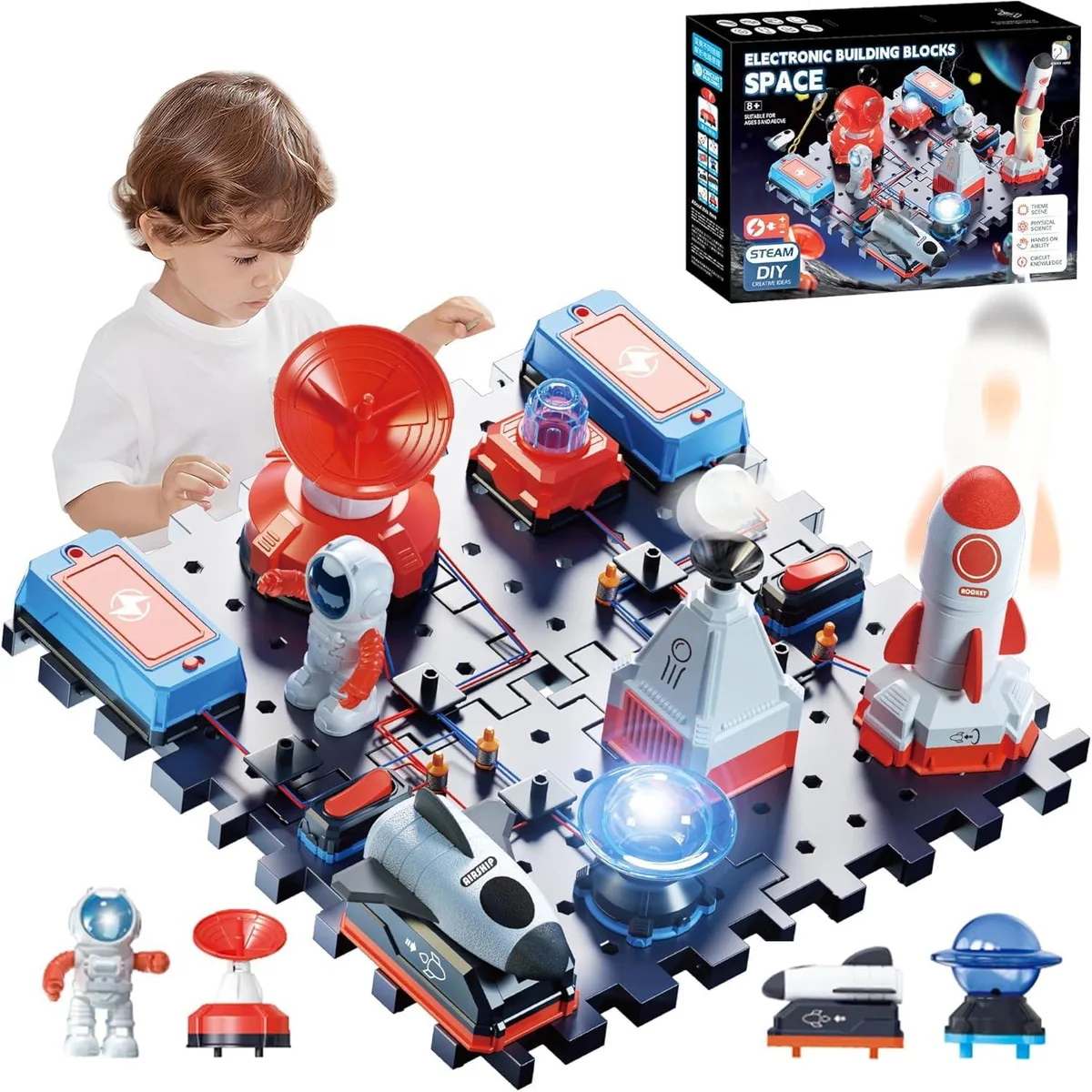 Colorful plastic electronics kit with snap-together circuit components in rectangular box