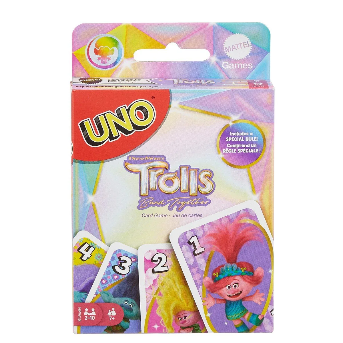 Rectangular card deck box with colourful Trolls movie graphics