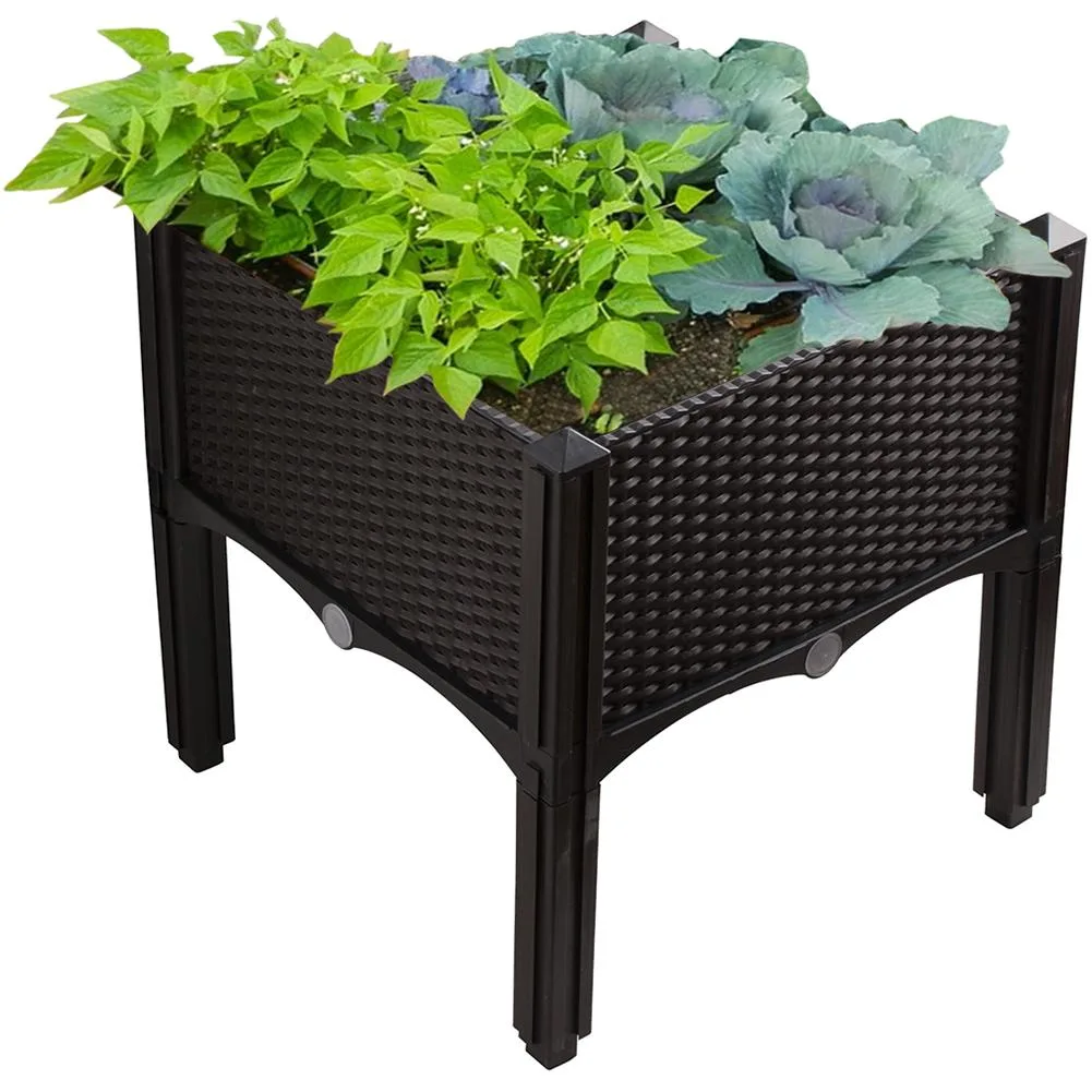 Brown rectangular HDPE planter box with interlocking panels and detachable legs