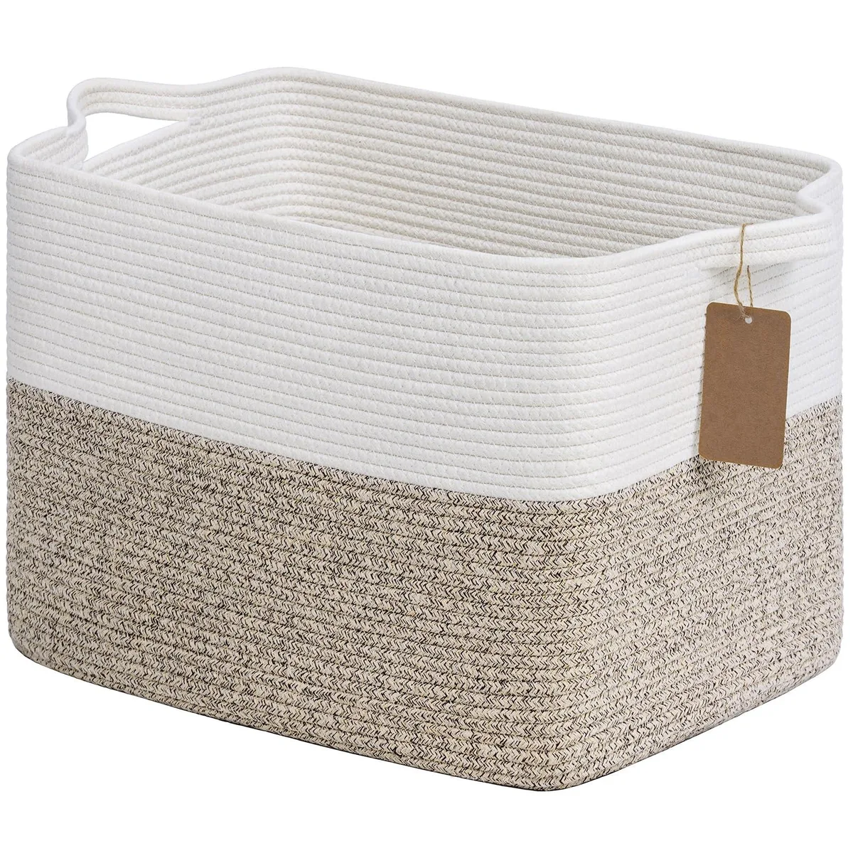 Light brown rectangular woven cotton rope basket with label, 18 x 14 x 12 inches
