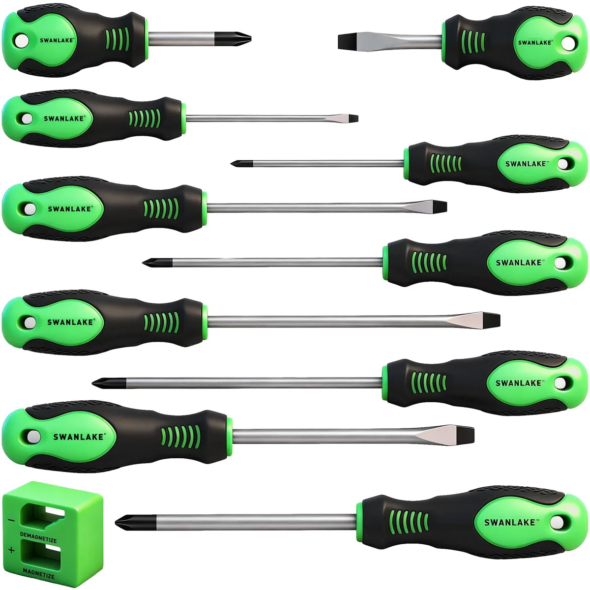 Eleven-piece screwdriver set with magnetic tips in storage box