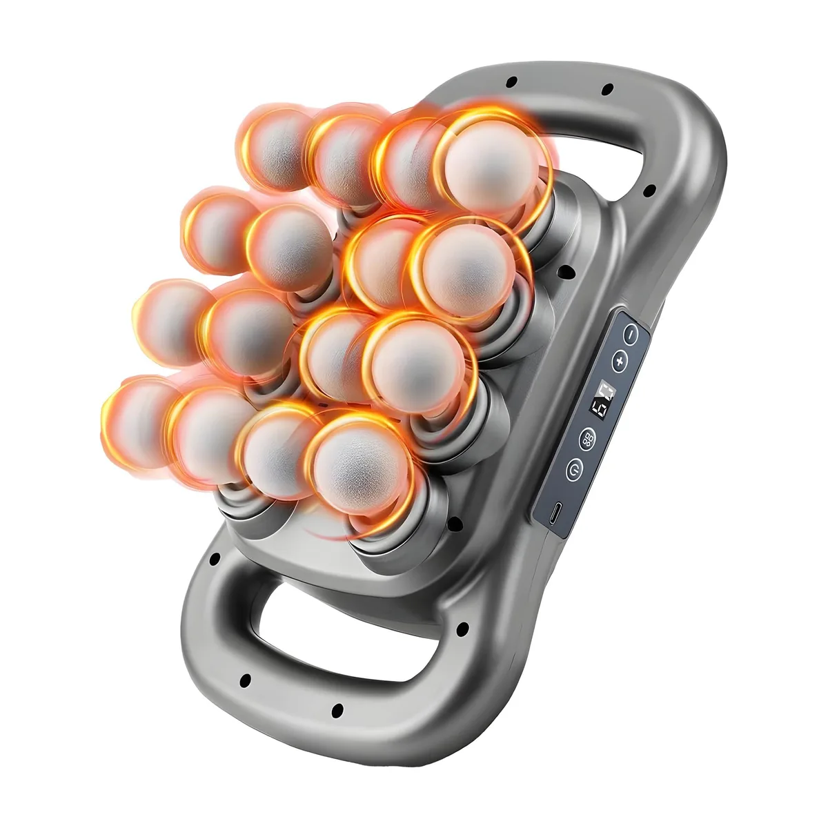 Gray handheld percussion massager with 16 interchangeable heads