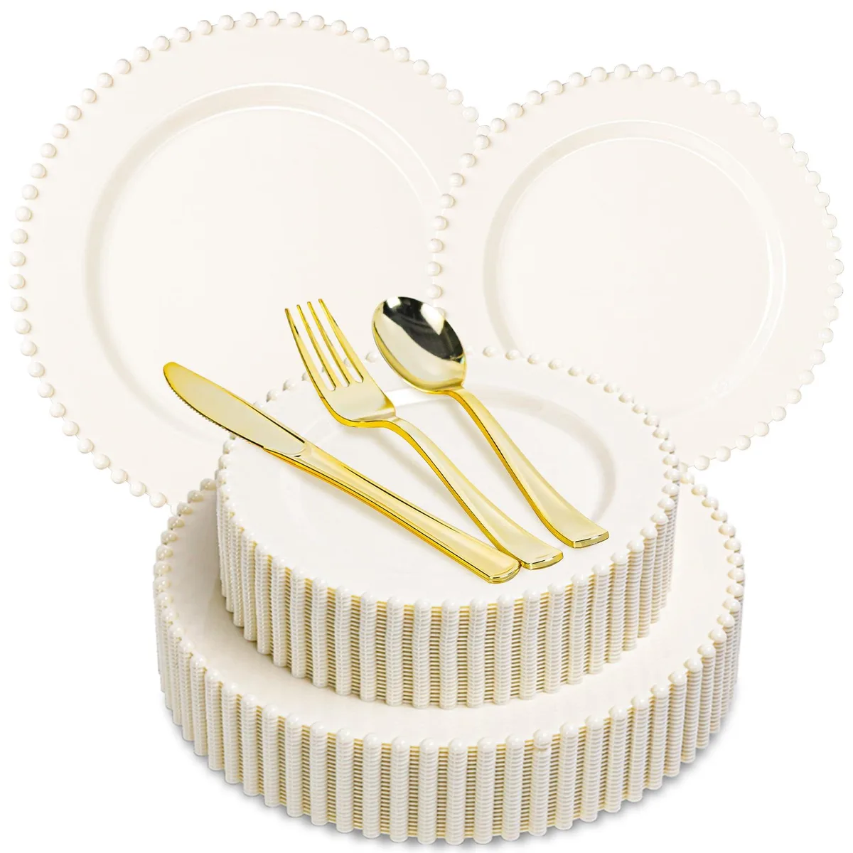 Ivory square ceramic plates with floral design and gold cutlery pieces
