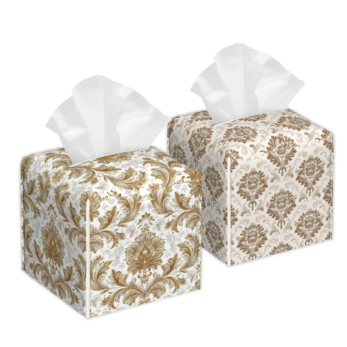 Two square pu leather tissue box covers with vintage damask pattern 5.2 inch