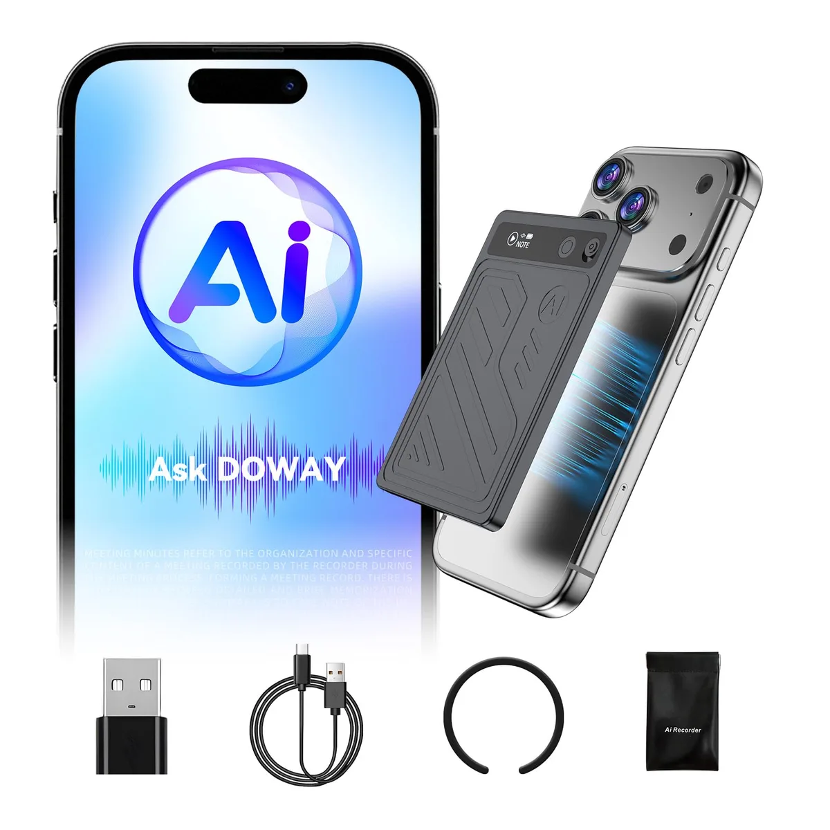 Credit card-sized recorder in deep gray aluminum, 0.2 inch thin with magnetic back