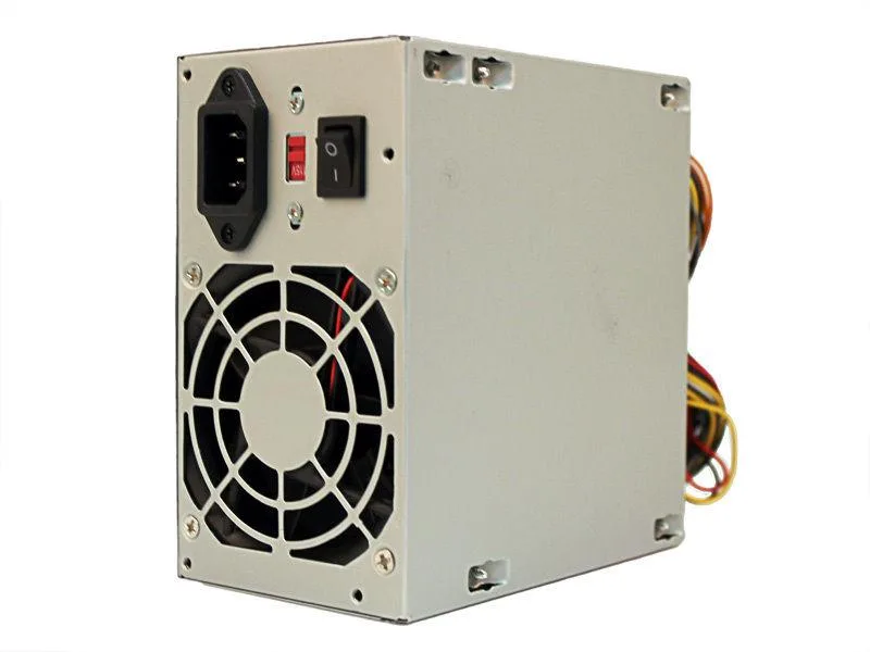 Grey ATX power supply unit with single fan, reduced depth design