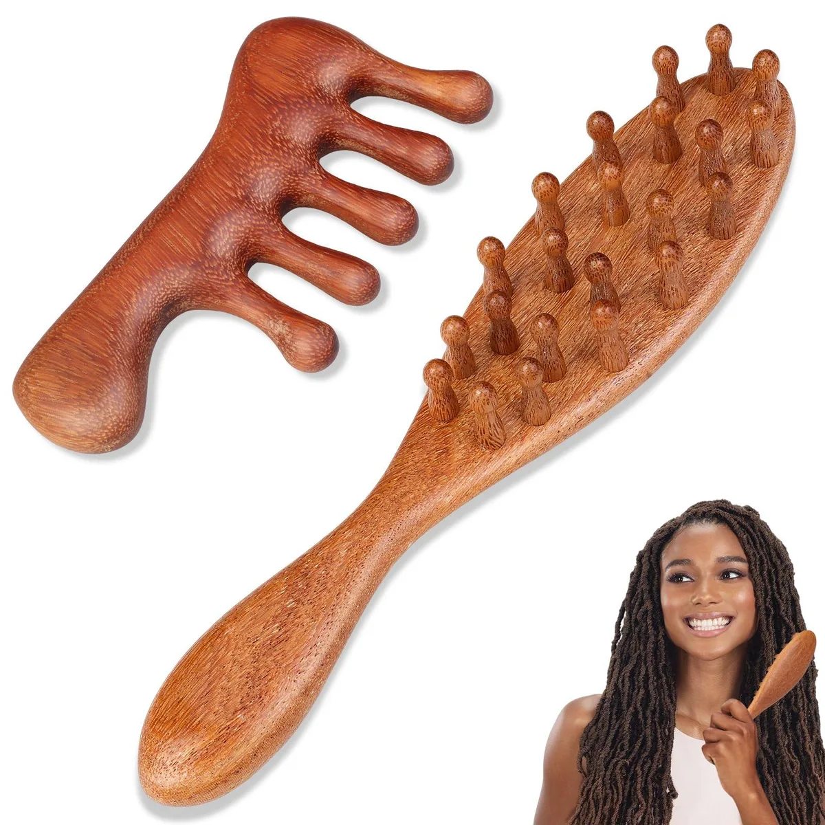 Two sandalwood wide-tooth loc combs, smooth brown finish, lightweight