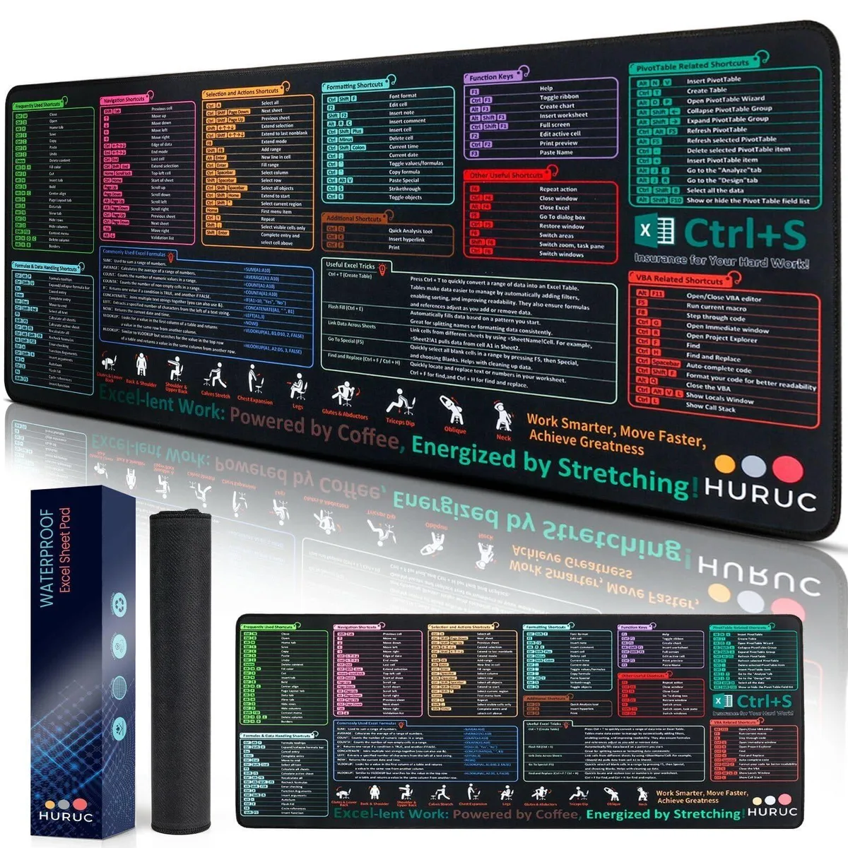 Large rectangular desk mat printed with Excel shortcuts and formulas, stitched edges, non-slip rubber base